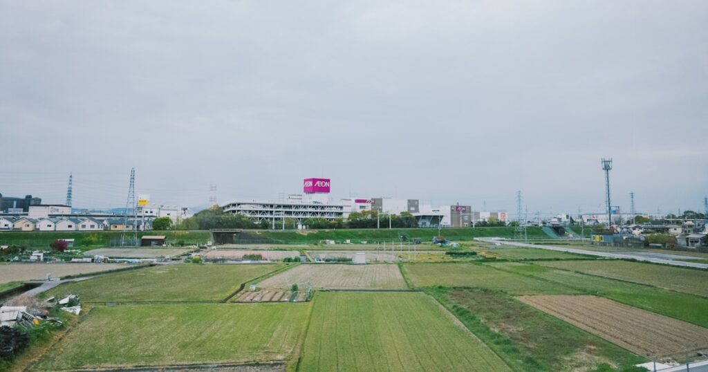 農業施設が点在する広大な緑の農地